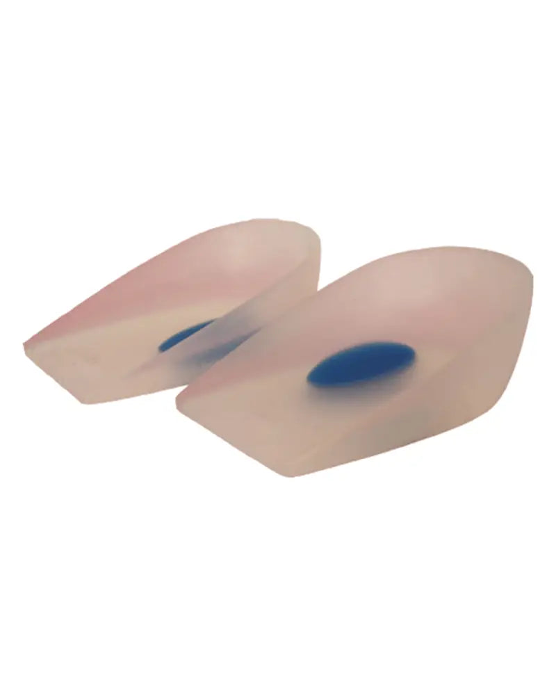 Two translucent pink silicone cup inserts with blue centers, shown on a plain white background.